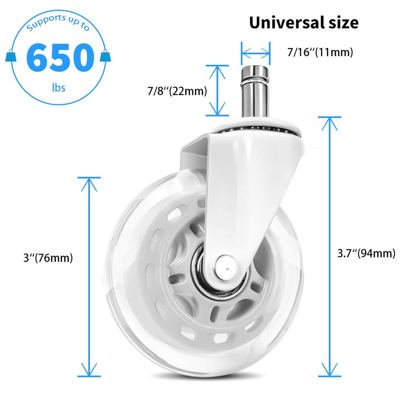LPHY Office Chair Wheels Roller Blade Replacementï¼Œ3 Inch Rubber Desk Chair Casters Set of 5ï¼ŒSmooth Rolling Heavy Duty Casters Safe for All Floors Including Hardwood and Carpetï¼ŒUniversal Stem 7/16 In, White - Image 2
